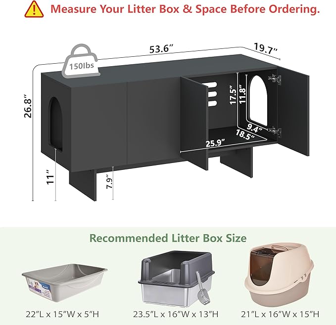 Double Litter Box Enclosure, Litter Box Enclosure for 2 Litter Boxes, Modern Litter Box Furniture for 2 Cats, Scandi Style (Black)