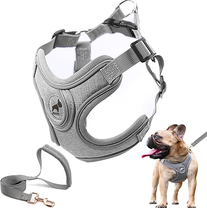 Dog Frenchie Harness with Leash Set, No Pull Adjustable Step in with Breathable Padded Vest Harness for Small Medium Large Dogs Walking and Running(M, Gray)
