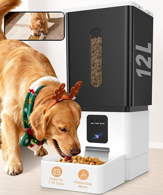 Automatic Dog Feeder Large Breed: 12L/50 Cups with HD 1080P Camera - 5G WiFi Anti-Clog Timed Dog Food Dispenser for Golden Retriever Busy Owners by UTCG