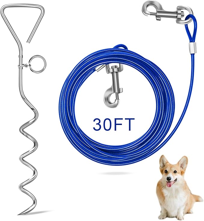 Relux 30FT Outdoor Dog Leash for Yard Training, Running, Hiking, Camping, with Heavy Duty Dog Anchor Spiral Stake for Small to Medium Dogs (Blue)