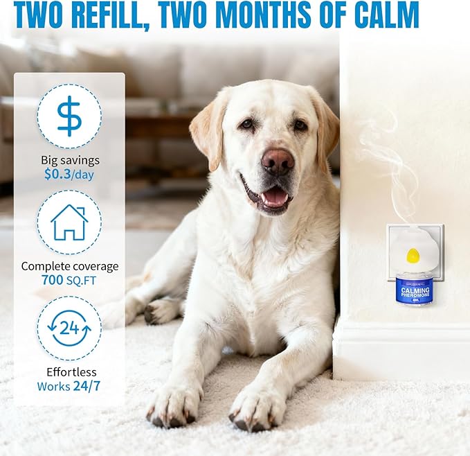 Dog Calming Diffuser with Pheromones for Anxiety Relief, Reduces Barking & Stress, Natural Formula, Safe for Puppies & Adult Dogs, 60 Day Long Lasting 1 Diffuser 2 Refill