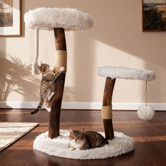 Cats Trees Natural Solid Wooden, 33''Modern Cat Tree Tower for Indoor with Sisal Scratching Post Cat Furniture, with Perches Platform & Dangling Ball,Black