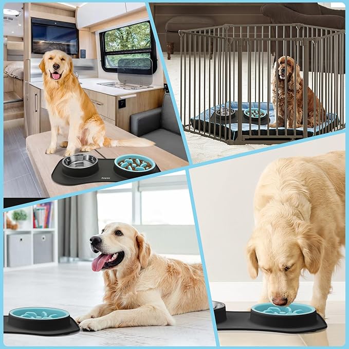 Slow Feeder Dog Bowls 3 in 1 Stainless Steel Dog Food and Water Bowls with Non-Spill Non-Skid Silicone Mat to Slow Down Eating for Large Medium Small Breed Size Dogs and Cats (Grey Blue)