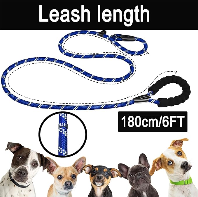 6 FT Heavy Duty Dog Leash, Durable Premium Quality Strong Training Rope Slip Leash with Comfortable Padded Handle and Highly Reflective Threads for Small Medium and Large Dogs, (Deep Blue)