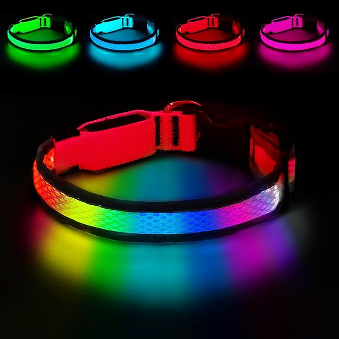 LED Dog Collar, Light Up Dog Collar USB Rechargeable, Nylon Adjustable Comfortable Soft Bright RGB 7 Colors Changeing Safety Light Glowing Collar for Small and Medium Dogs(Small,Red)