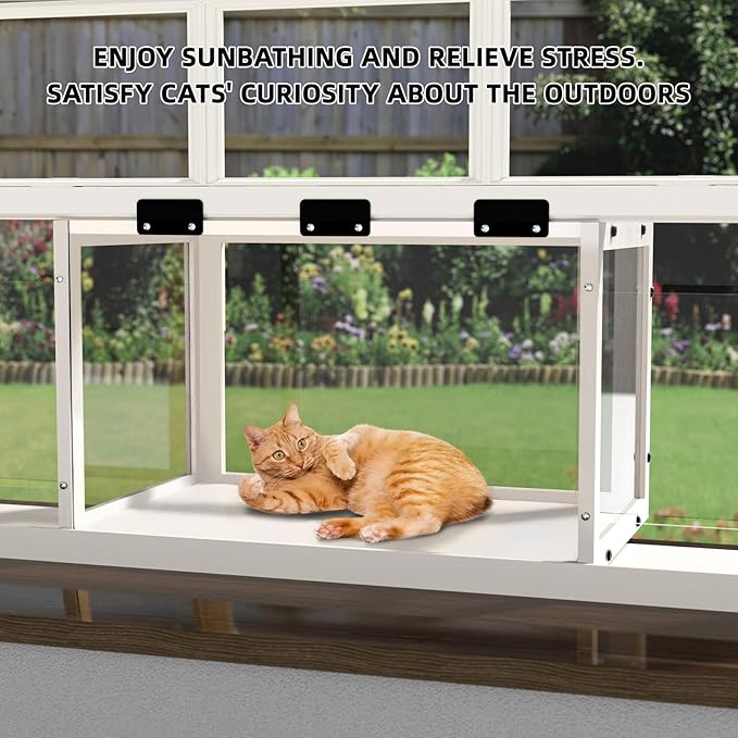 Window Cat Perch Catio, Wood Cat Window Box, Window Catio for Indoor Cats. Suitable Single Hanging Window with an Inner Diameter of The Window Frame with A Net Opening Width of 24-35 in（White）