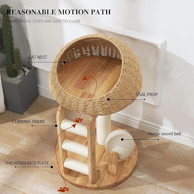 Modern Cat Tree, 30 Inch Wood Cat Tree Tower with Hand-Woven Basket Nest, Sisal Staircase and Scratch Toys, Heavy-Duty Multi-Level Indoor Tower