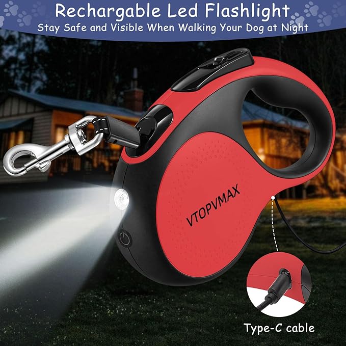 16Ft Retractable Dog Leash - for Small to Medium Dogs Up to 66lbs, Heavy Duty Retractable Leash with Light Rechargeable, Quick Lock Braking & Non-Slip Handle (Red)