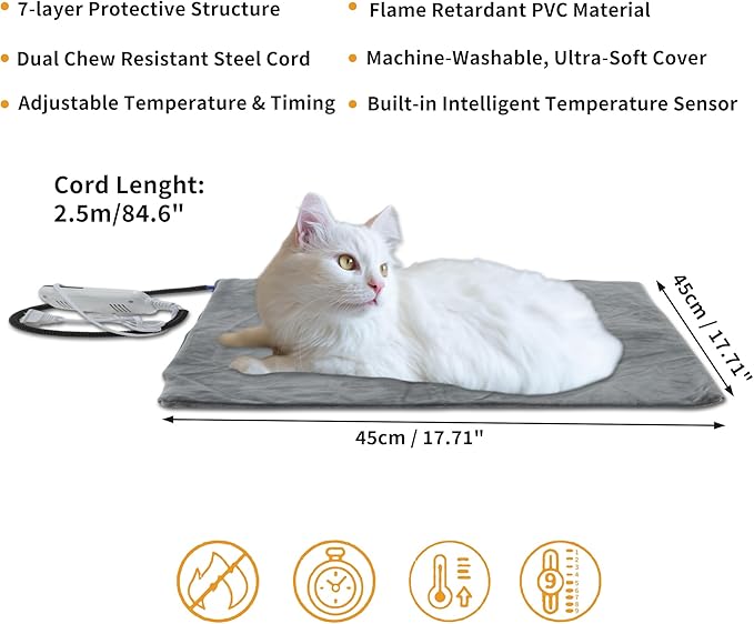 Pet Heating Pad, 9 Temperature Adjustable Electric Pet Mat with Timer, Indoor Waterproof Heated Dog Bed with Chew Proof Cord, Grey, 18x18in
