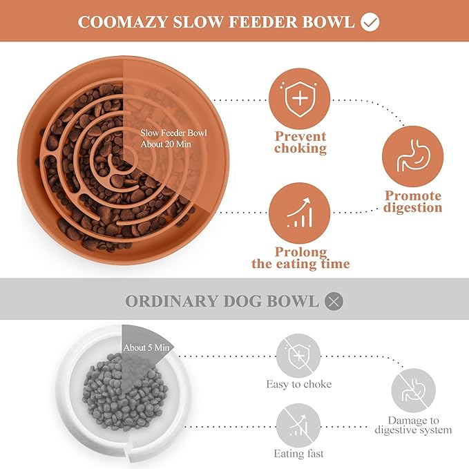 Coomazy Slow Feeder Dog Bowls, Silicone Dog Bowl with Suction Cups, Slow Feeder & Non-Slip Design, Boredom and Anxiety Reducer, Suitable for All Breed Dogs, Orange