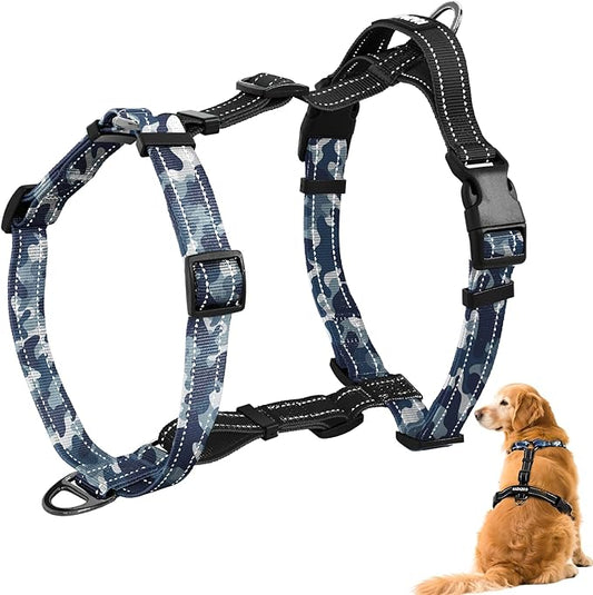 No-Pull Harness,Y-Shaped Design,Buckle-Neck Balance Harness with Reflective Stitching, Ideal for Dog Training and Night Walking, Padded Handle, Durable High-Tensile Nylon-Blue Camo-L