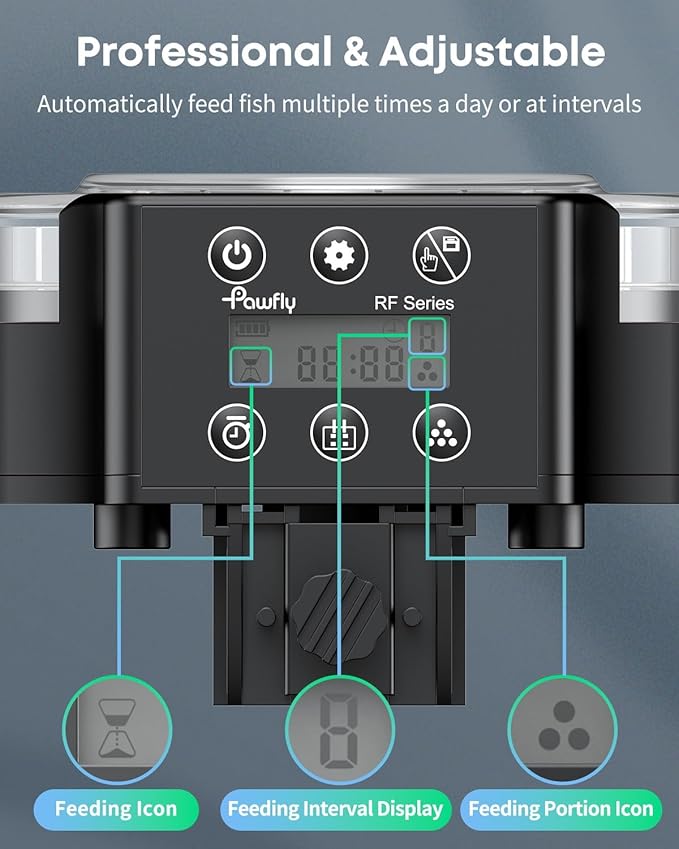 Pawfly Aquarium Automatic Fish Feeder, 108 mL Food Dispenser for Pellets Powder and Granules, Adjustable Timer Feeder for Fish Tank, Battery Powered (Batteries Not Included)