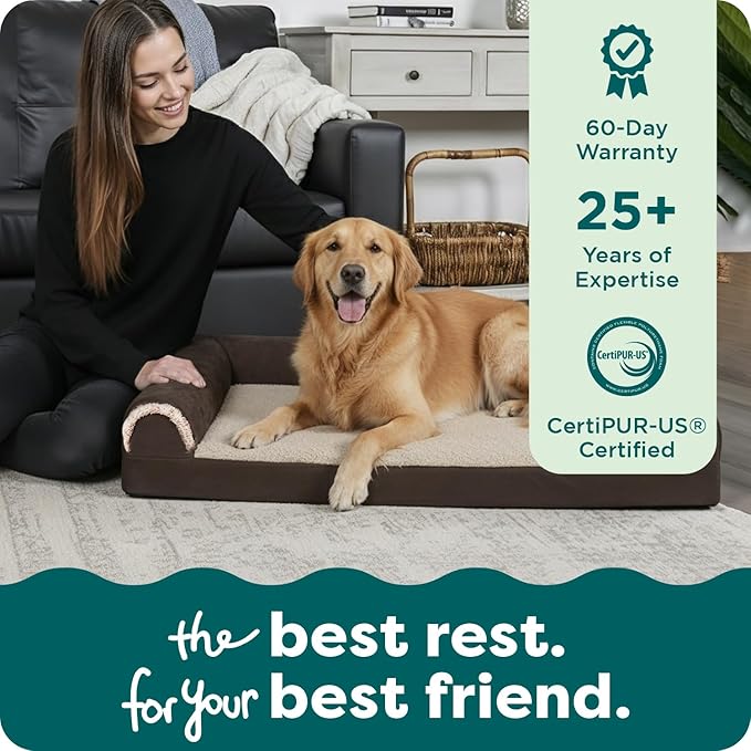 FurHaven Orthopedic Dog Bed for Large Dogs, L-Shaped Chaise Contour Mattress with Egg Crate Orthopedic Memory Foam for Joint Support, Removable Washable Cover, Jumbo/XL, Faux Fur & Suede, Espresso