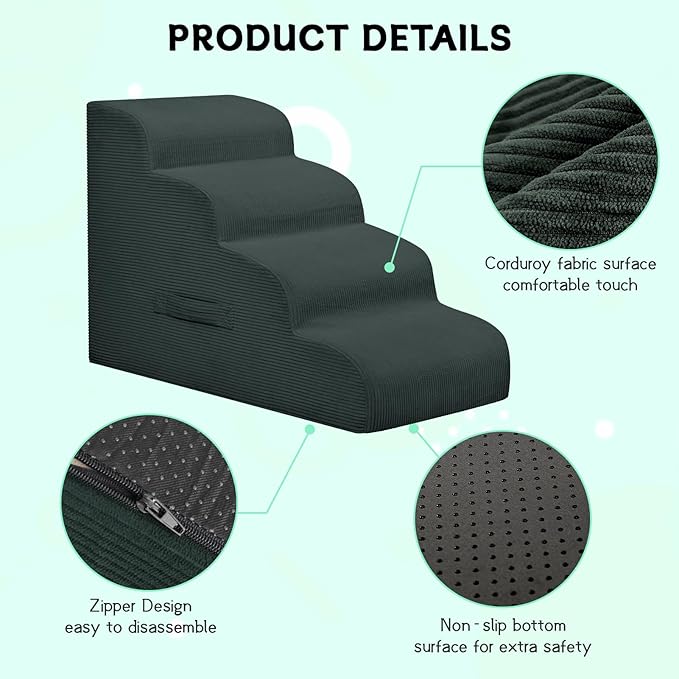 Dog Stairs Steps for High Bed, 4 Steps Pet Steps for Small Dogs Non-Slip Removable Washable Cover Ramp for Indoor Outdoor Car Couch Sofa, Dark Gray