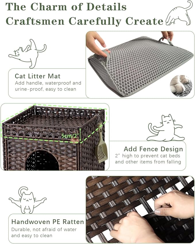 Cat Litter Box Enclosure Furniture, Hidden Litter Box with Mat and Fence, Handwoven Rattan Cat House with Two S-Shaped Hooks for Living Room, Bedroom, 18.5 x 20.5 x 19.1 Inches (Brown)