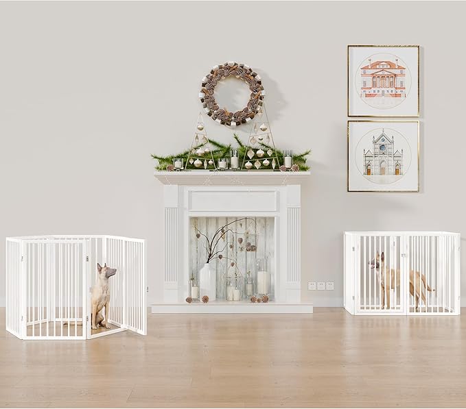 Vantas Folding No-Assembly Metal Pet Gate 120" Wide, 32" Extra Tall Dog Gate with Door Walk Through, Freestanding Accordion Puppy Gate Dog Door for Indoor & Outdoor, with 2PCS Support - White