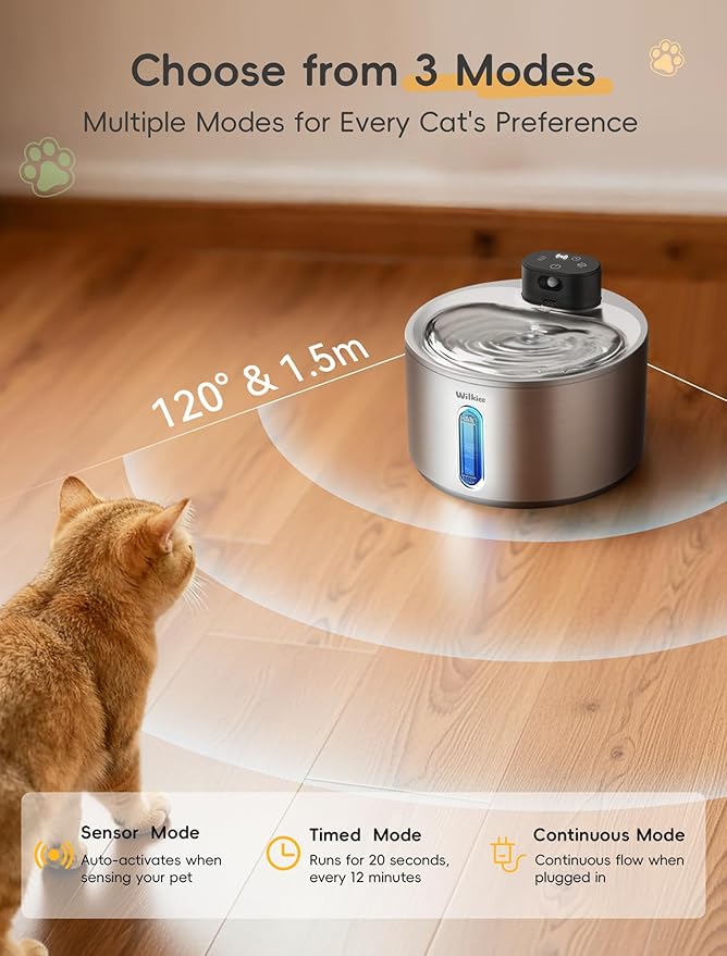 Wireless Cat Water Fountain, 135fl.oz/4L Stainless Steel Cat Fountain Battery Operated, Pet Water Dispenser Cordless for Cats & Dogs Indoor (1 Set Filter)