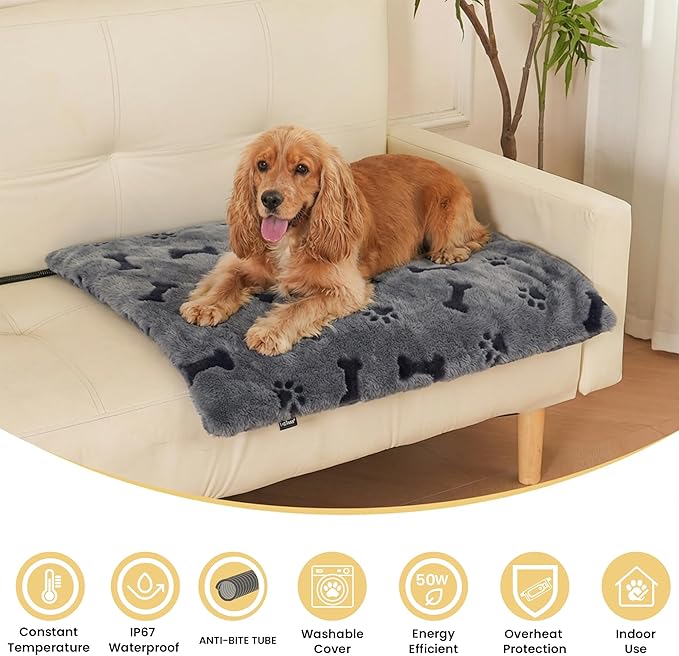 Heated Pet Pad for Dogs and Cats, Waterproof Heating Mat with Chew-Resistant Cord, Constant Warmth for Indoor & Covered Outdoor Use, Multiple Sizes and Colors (Grey, L: 26" × 20" × 1.3")