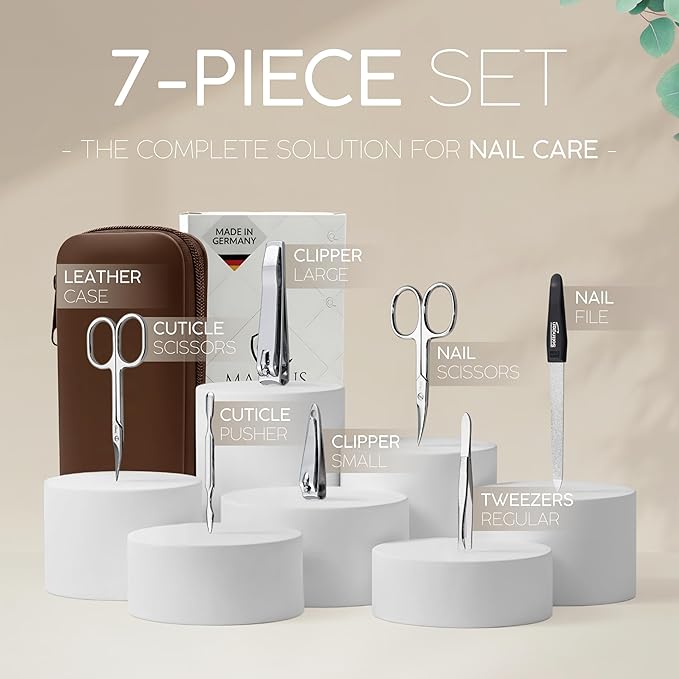 Manicure Set Solingen Made in Germany - 7 Piece Exclusive Finger & Toe Nail Clippers Kit for Women and Men in Real Leather Case, Color Brown