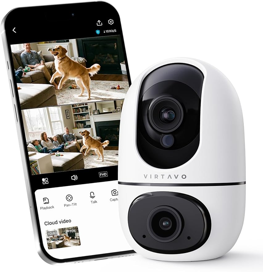 virtavo XD1 Indoor Security WiFi Camera, No Subscription Required, Dual-Lens 360° PTZ Baby Monitor & Pet Cam, Motion Tracking, 2-Way Audio, Night Vision, Cloud/SD Storage, Phone App, Plug-in Power