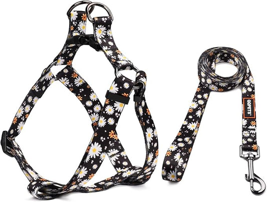 QQPETS Dog Harness Leash Set Adjustable Heavy Duty No Pull Halter Harnesses for Small Medium Large Breed Dogs Back Clip Anti-Twist Perfect for Walking (M(19"-26" Chest Girth), White Daisy)