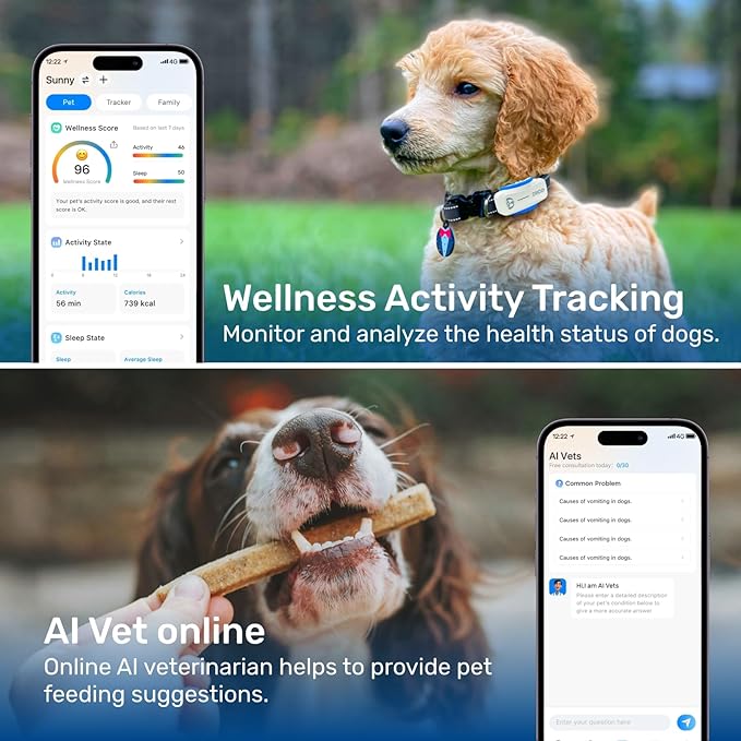 AI GPS Tracker for Dogs (30lbs+), Real Time Location and AI Vet Health Management, Electronic Fence, Waterproof, iOS and Android Universal（White）
