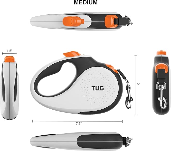 TUG 360° Tangle-Free Retractable Dog Leash with Anti-Slip Handle | 16 ft Strong Nylon Tape | One-Handed Brake, Pause, Lock (Medium, White/Orange)