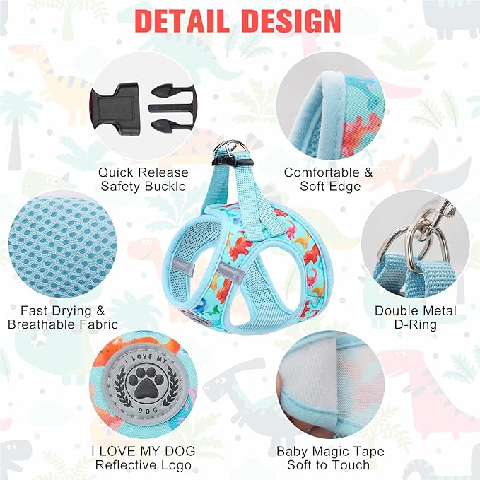 BEAUTYZOO Step in Dog Harness and Leash Set,Reflective Dog Harness No Pull No Choke Puppy Harness for Small Medium Large Dogs Cats,Soft Padded Mesh Vest Harnesses for Girl and Boy Pets,Dinosaurs XS