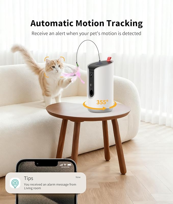 2K Cat Camera Treat Dispenser, AI Photo Album, Pet Camera with 360° Auto Tracking & 5G/2.4G WiFi, 2-Way Talk, Remote Treat Tossing, Motion Alerts for Dogs Indoor, White