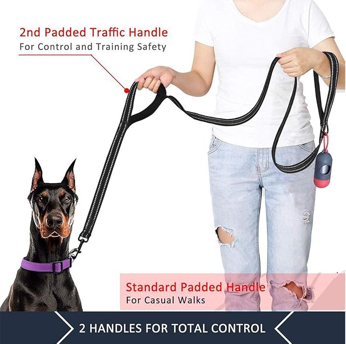 JSXD Heavy Duty Double Handle Dog Leash - 5 FT with Comfortable Padded and Reflective Rope, Suitable for Small to Large Dogs (Wide-Black)