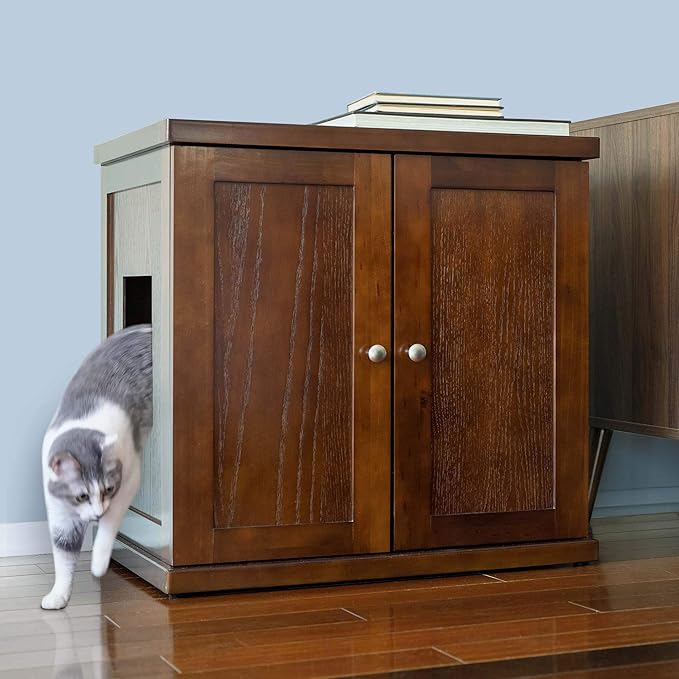 THE REFINED FELINE Cat Litter Box Enclosure Cabinet, Modern, Mahogany Brown, Adjustable Levelers, Large, Hidden Litter Cat Furniture with Drawer