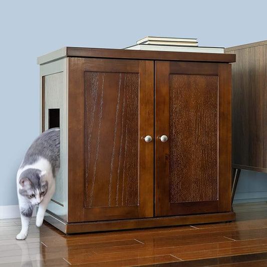 THE REFINED FELINE Cat Litter Box Enclosure Cabinet, Modern, Mahogany Brown, Adjustable Levelers, Large, Hidden Litter Cat Furniture with Drawer