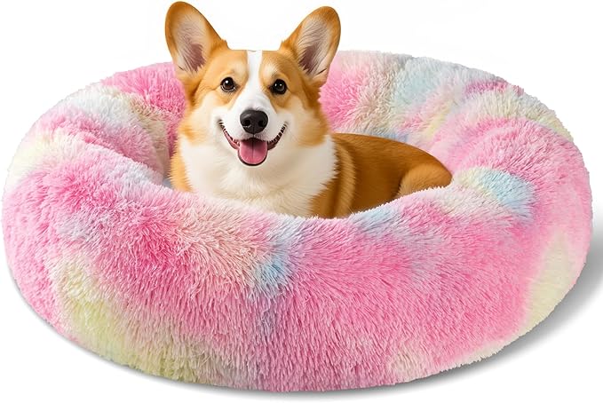 Dog Calming Beds for Small Medium Large Dogs - Round Donut Washable Puppy Dog Bed, Anti-Slip Faux Fur Fluffy Donut Cuddle Anxiety Cat Pet Bed(28'' Color)