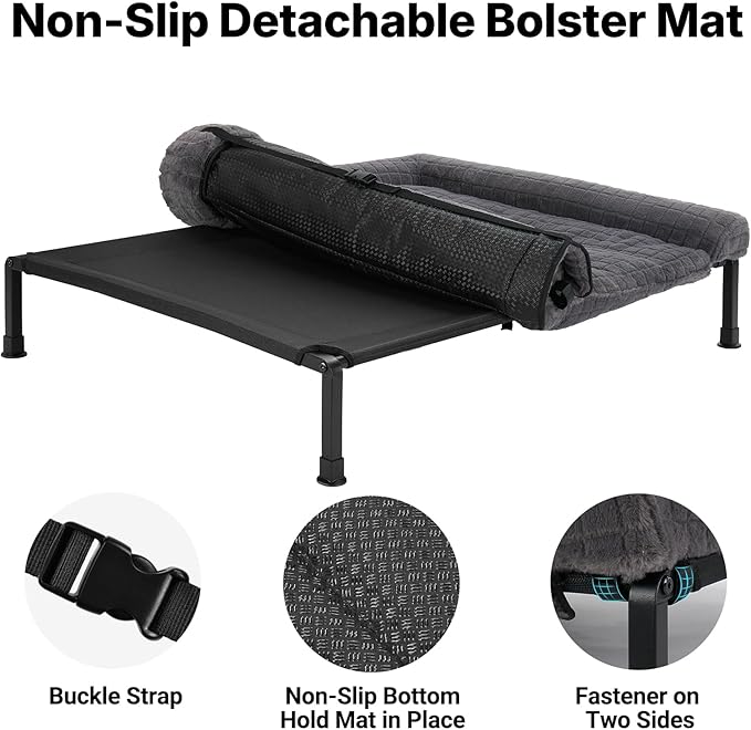 Veehoo Elevated Dog Bed Large Sized with Fluffy Plush Bolster Cushion, Washable Orthopedic Dog Couch Bed, Cooling Raised Pet Cot with Removable Mat, Breathable Mesh, No-Slip Feet, 42 x 30 inches, Grey