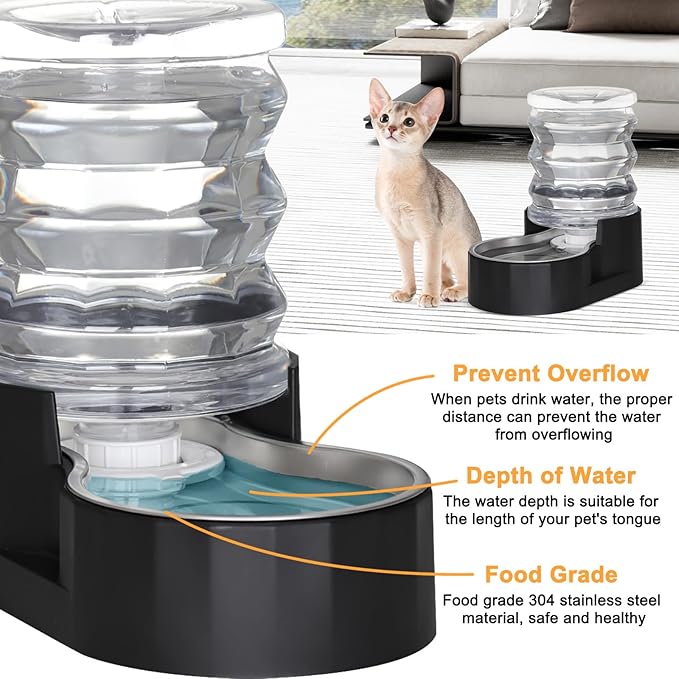 RIZZARI Dog Water Bowl Dispenser: 5L Gravity Black Automatic Stainless Steel Drinking Feeder with Filter for Dogs and Cats
