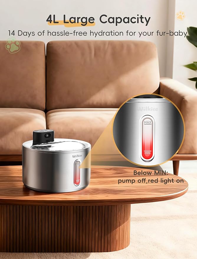 Wireless Cat Water Fountain, 135fl.oz/4L Stainless Steel Cat Fountain Battery Operated, Pet Water Dispenser Cordless for Cats & Dogs Indoor (5 Set Filter)