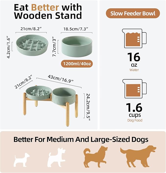 Ceramic Raised Slow Feeder Dog Bowl Set, Elevated 7.3inch Bowl and 8.2inch Slow Pet Food Dish with Wooden Stand for Medium and Large Dog (2 x Light Green+ Stand)
