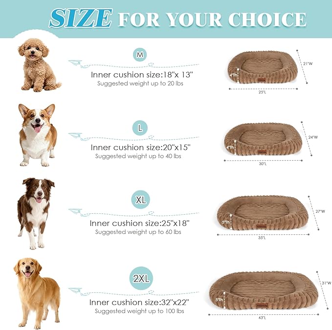 Cute Washable Dog Bed for Medium Large Dogs, Calming Furry Bolster Dog Bed, Durable Rectangle Anti-Anxiety Comfy Large Pet Bed, Removable Zipper Cover & Anti-Slip Bottom, 35x27x5inches, Brown