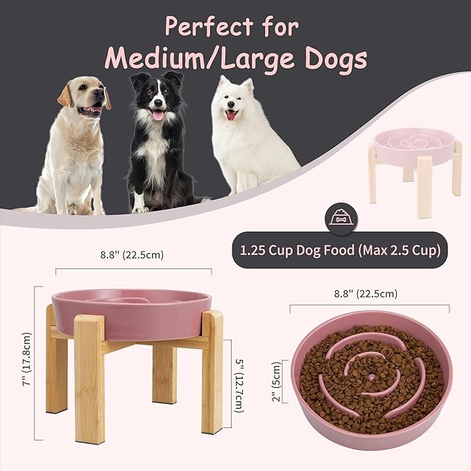 Elevated Slow Feeder Dog Bowl - Ceramic Food Dish with Bamboo Stand - Raised Maze Design - Ideal for Medium to Large Dogs - Pink - 8.8 inch