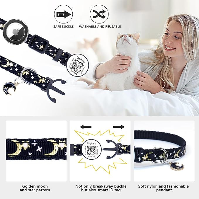 2-Pack Waterproof Breakaway Cat Collars with Moons & Stars Design - Adjustable Apple AirTag Holder & QR Code Safety Tracker for Cats & Kittens with Smart ID tag/NO APP(Black & Pink)