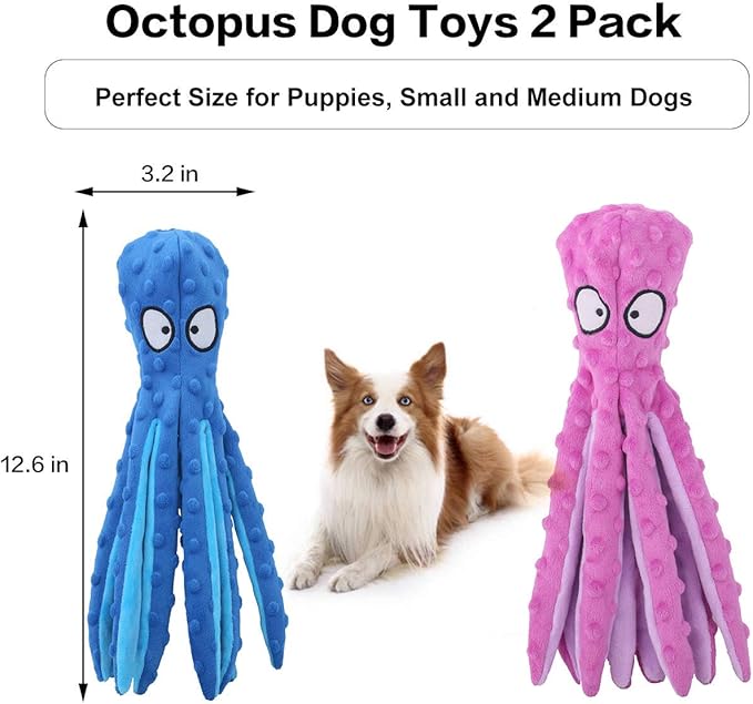 Dog Squeaky Toys Octopus - No Stuffing Crinkle Plush Dog Toys for Puppy Teething, Durable Interactive Chew Toys for Small, Medium and Large Dogs Training and Reduce Boredom, 2 Pack