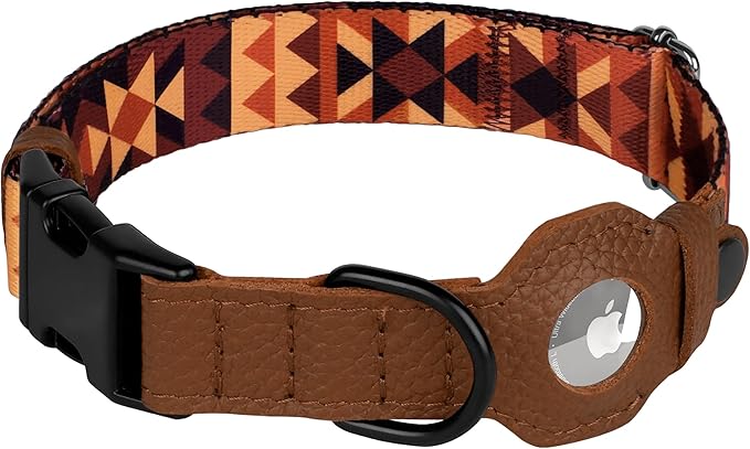 AirTag Dog Collar with Metal Buckle - Printed Nylon Soft Leather Dog Collar with Apple AirTag Holder - Secure Tracking GPS Pet Collars for Girl Boy Small Large Dogs (S, 12"-15" Neck Fit, Tribal)