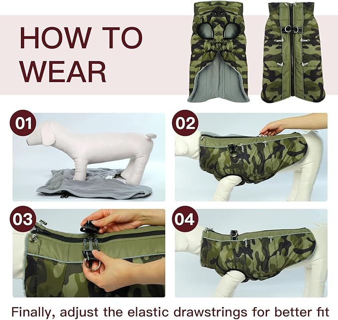 Dog Winter Jacket - Large, Warm Zip Up Snowsuit Dog Harness Vest, Reflective, Water-Resistant, Camouflage