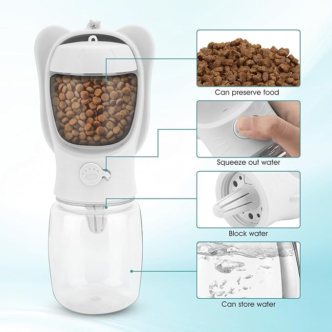 Portable Dogs Water Bottle with Food Storage Container, Leakproof Drinking Water Dispenser Feeder for Outdoor Dog Stuff Accessories Items for Cats, Puppy,for Walking, Hiking (White, 350ml)