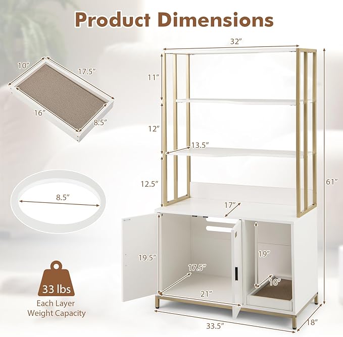 PETSITE Cat Litter Box Furniture with 3 Shelves and Doors, 61 inch Tall Cat Box Enclosure with Display Shelves, Scratching Pad, Indoor Hidden Litter Box with Decorative Storage Shelving (White)