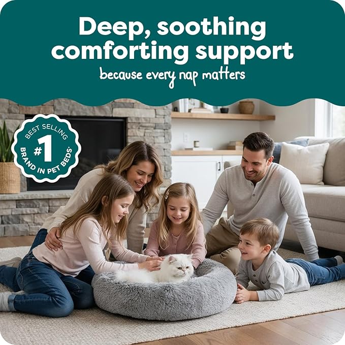 FurHaven 23" Calming Donut Dog Bed for Small Dogs & Cats, Round Plush Donut Design with Soft Filling for Snuggling Comfort, Removable Washable Cover, Small, Shaggy Faux Fur, Mist Gray