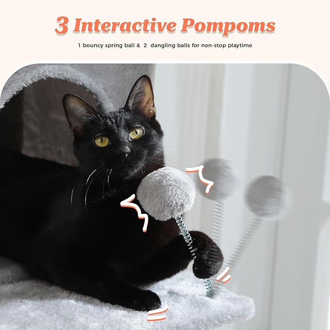 64-Inch Large Cat Tree for Indoor Cats, Multi-Level Tall Cat Tower with 2 Soft Top Perches, 2 Caves, 5 Sisal Scratching Posts, 2-in-1 Scratching Ramp, 1 Hammock & 3 Pompoms, Grey