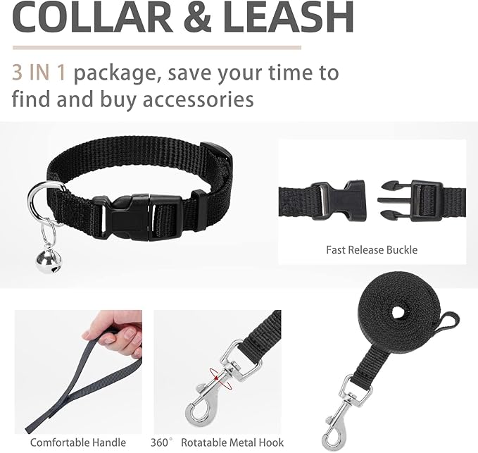 PUPTECK Adjustable Dog Harness Collar and Leash Set Step in No Pull Pet Harness for Small Medium Dogs Puppy and Cats Outdoor Walking Running, Soft Mesh Padded Reflective Vest Harnesses, Solid Black L