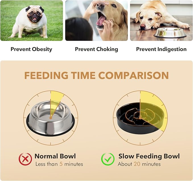 Ceramic 1.2 Cup Raised Slow Feeder Dog Bowl Set, Elevated Acacia Wood Stand for Medium and Small Dog, 7.3inch Slow Dish, Stop Bloat(Single Bowl+ Stand, Starry Sky)