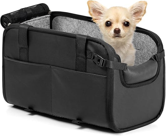 YUDODO Center Console Dog Car Seat, Anti-Slip Pet Cat Booster Seat for Small Dogs, Portable Puppy Bed Carseat Carrier PU Leather Black